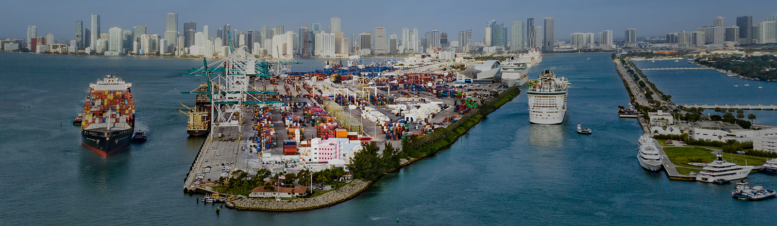 port of miami with cruise ship and miami skyline