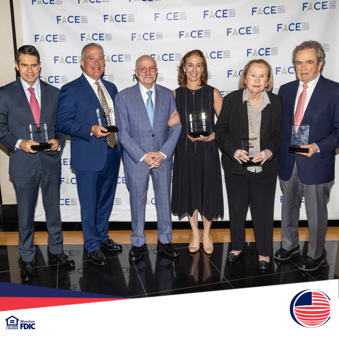 President and CEO of US Century Bank, Luis de la Aguilera alongside other professionals holding their awards at the FACE Awards.