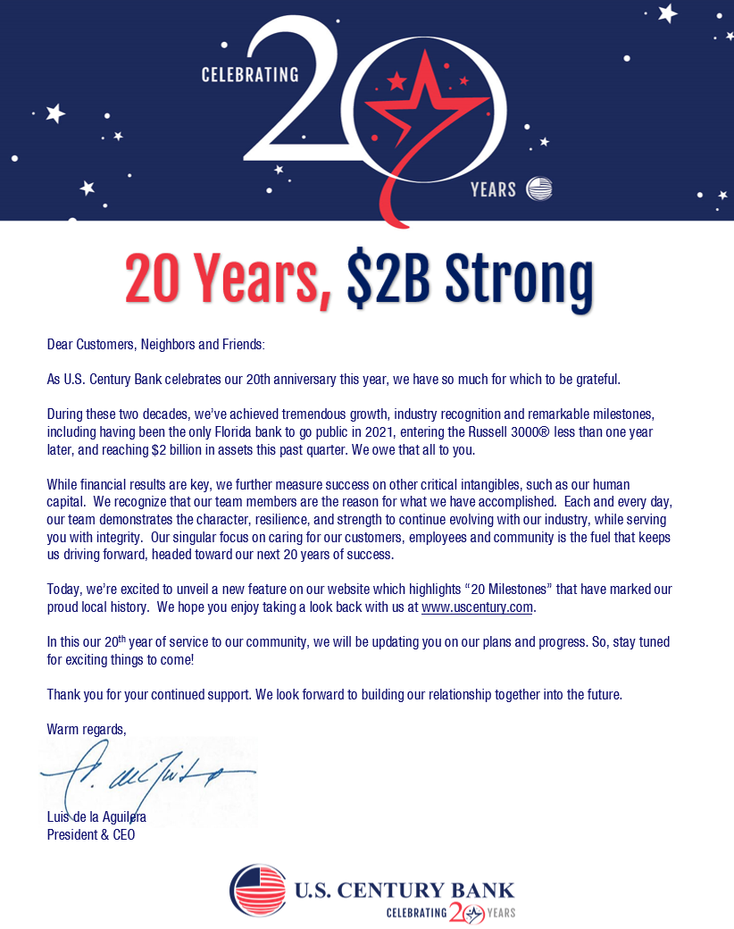 Presidents letter on 20 Years 20 Billion Strong