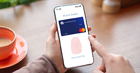 picture of a cell phone with the U.S. Century Bank debit card